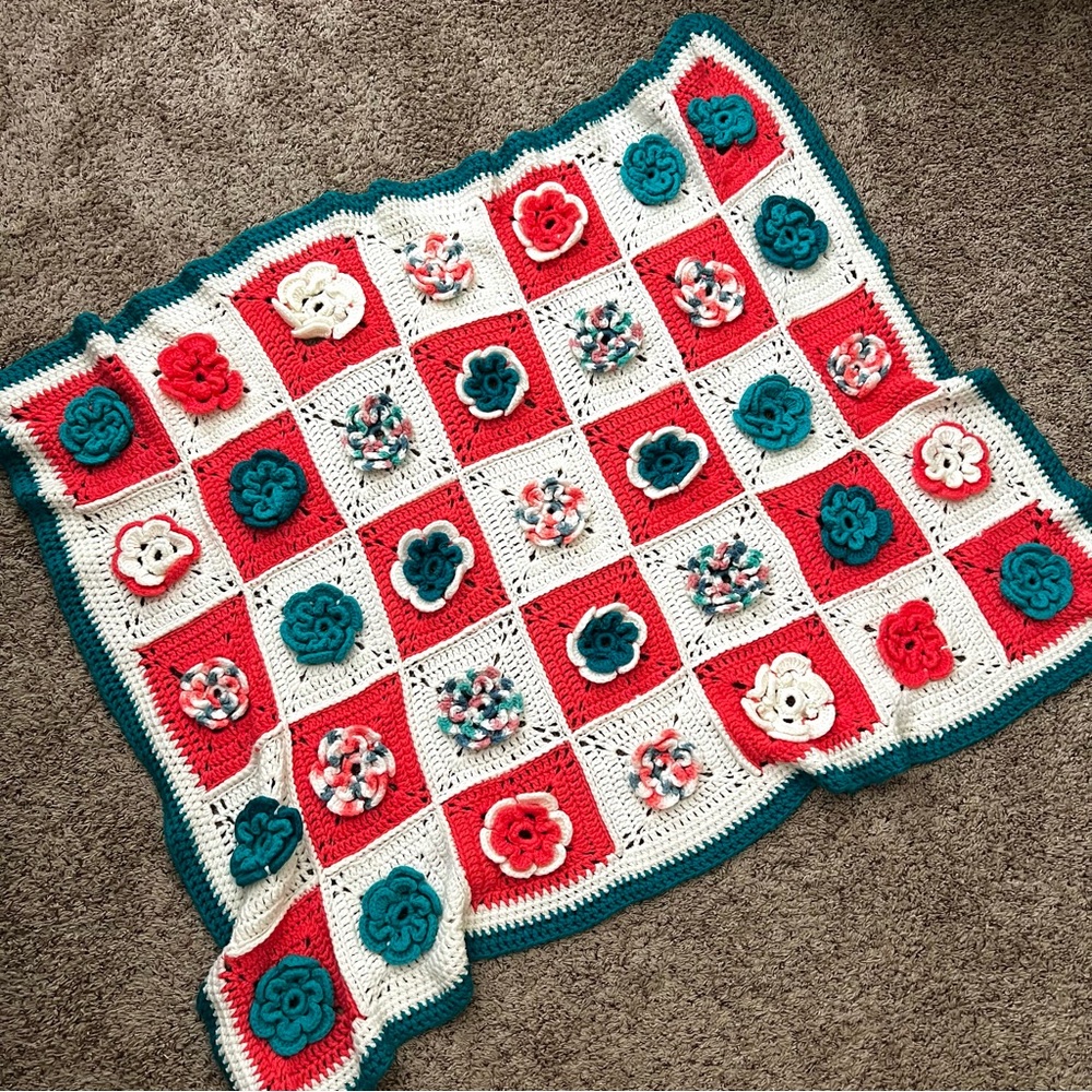 Handmade Crochet Floral Granny Square 3D Knit Blanket Afghan 47" x 35" Pink Teal